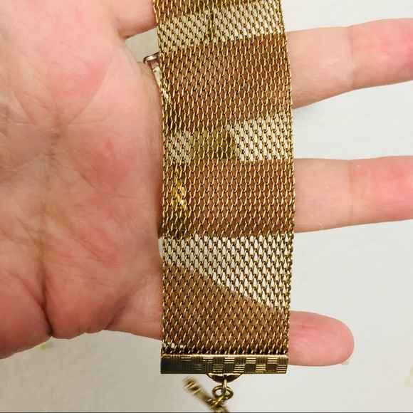 Vintage Brass Gold Electroplated Puff Heart Charm Wide Mesh Bracelet - Picture 6 of 14